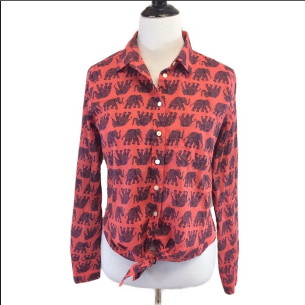 JCrew Elephant Print Tie Waist Shirt
